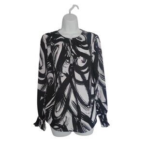 Worthington Black &‎ White Abstract Long Sleeve Blouse Pleated Neck- S